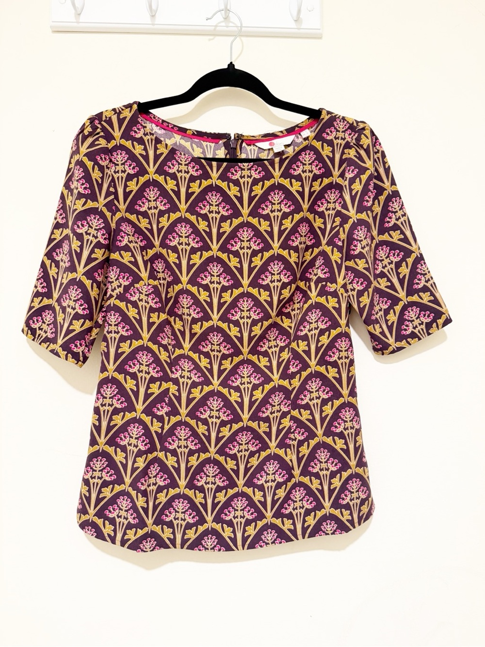 Boden Purple Floral Short-Sleeve Blouse with Pink & Tan Pattern